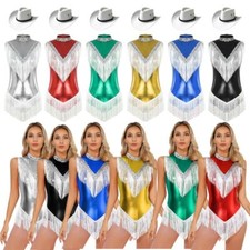 Women Jumpsuits Mock Neck Bodysuit Fringed Dancewear Tango Leotard Ballroom