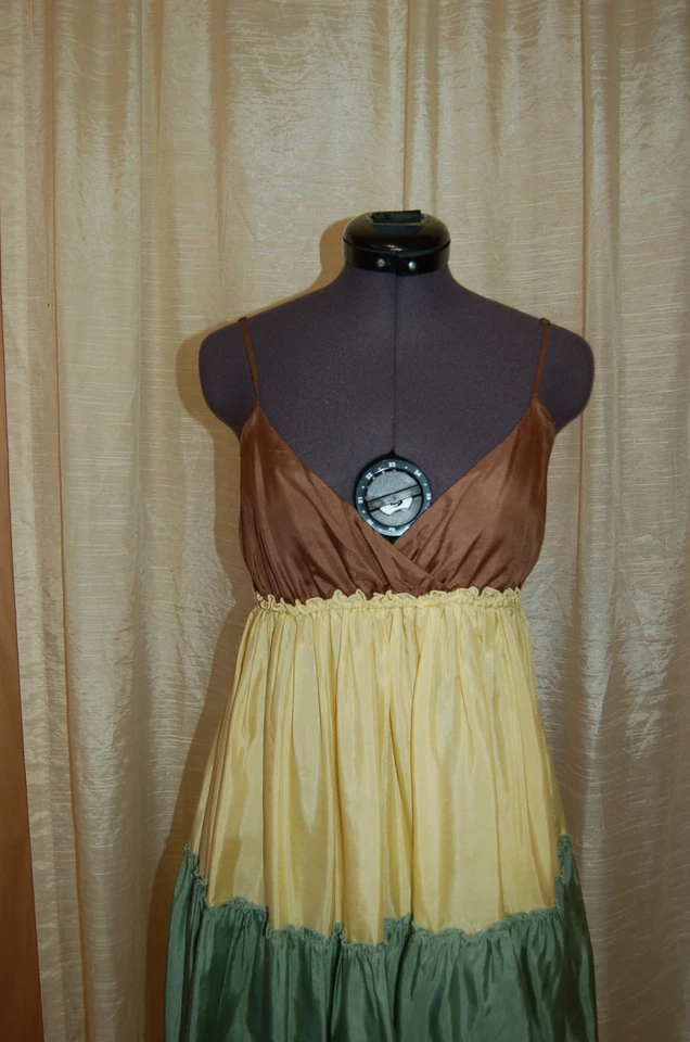 Vestido para mujer Ella Moss amarillo seda/marrón/verde correa de espagueti forrado flujo talla P Foto 2 de 4