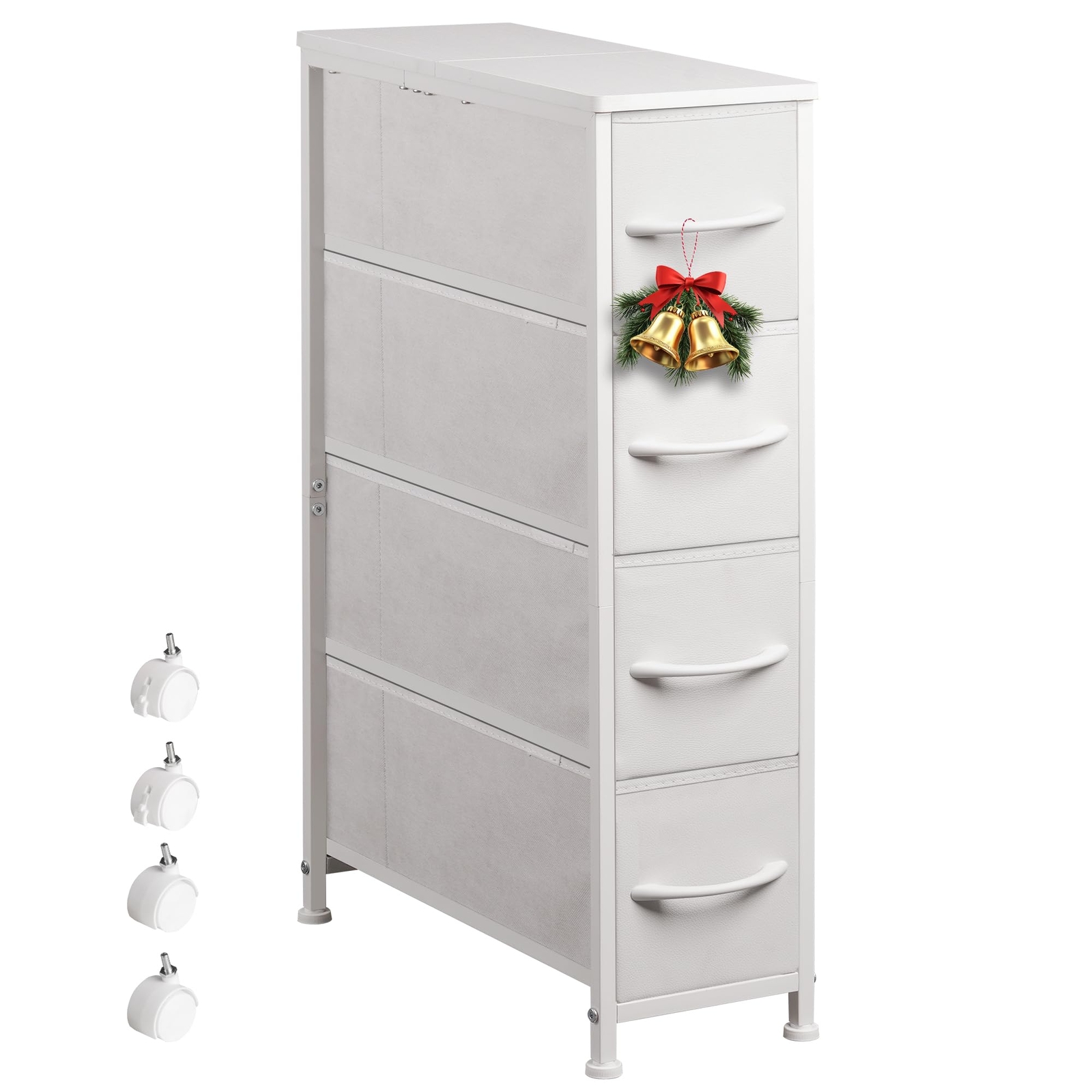 Narrow Dresser Storage Tower with 4 Drawers Slim Chest of Steel Frame Wood Top