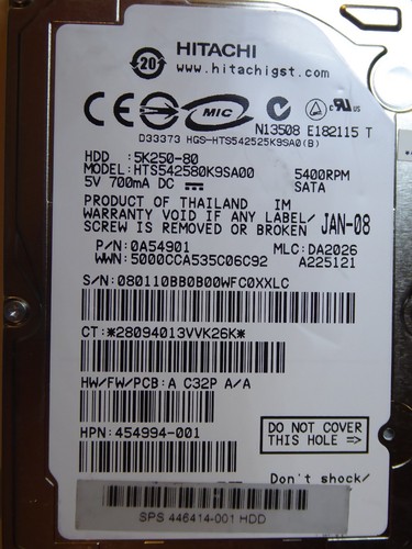 Hitachi HTS542580K9SA00 | P/N: 0A54901 | MLC: DA2026 | JAN2008 | 80GB