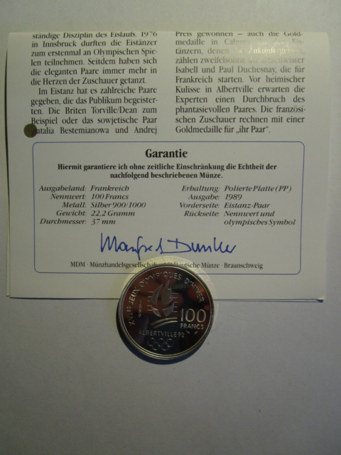 Frankreich 100 Francs 1989 Olympia Eistanz-Paar Silber PP