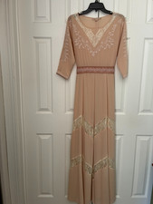 CHAMPAGNE & STRAWBERRY DOLMAN SLEEVE TASSELED BELT EMBROIDERED LACY MAXI DRESS S