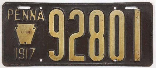 Pennsylvania 1917 License Plate 92801 Original Paint Antique Man Cave Bar Sign