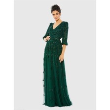 Mac Duggal 5497 Green Embellished V Neck 3/4 Sleeve A Line Gown Size 4 NWT