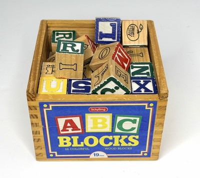Schylling ABC Wooden Alphabet Blocks 43 Pc Learning Toy Set w/ Storage Crate