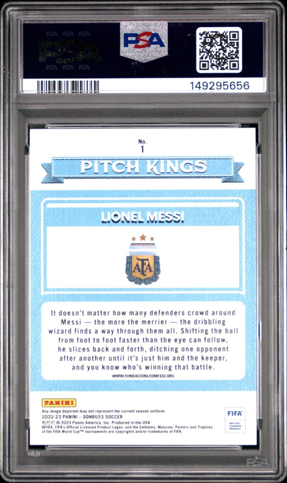 2022-23 Donruss FIFA Lionel Messi Pitch Kings #1 PSA 10 Gem Mint view 2