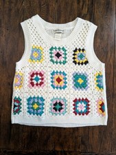 Cotton Emporium Crochet Granny Square XL Vest Boho Hippie Festival Knit Ivory
