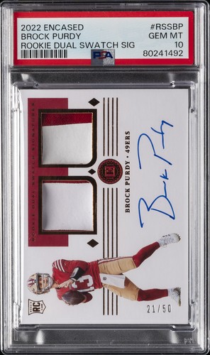 2022 PANINI ENCASED ROOKIE DUAL SWATCH SIGNATURES BROCK PURDY ROOKIE /50 PSA 10
