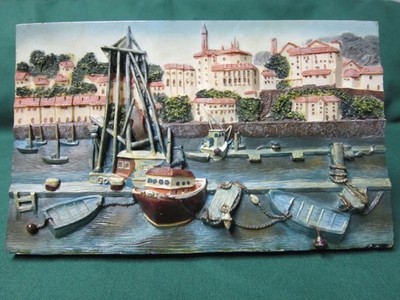 Vintage 3D ITALY Art Wall Plaque . Hand Painted Waterfront Scene 8 x5''
