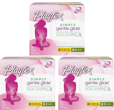 3x Playtex 360 Simply Gentle Glide 108ct. 18 Super & 18 Regular Each Box