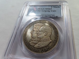 P66 Germany Saxony 1909 Silver 5 Marks Leipzig University PCGS MS 65 Nice Toning
