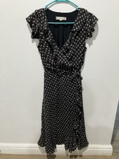Ann Taylor Loft Black Floral Print Ruffle Faux Wrap Midi Dress Size Small