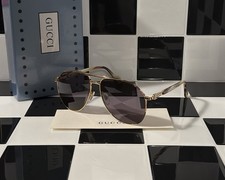 Gucci GG1220S 007 Gold Aviator Sunglasses Havana Temples Grey Lens