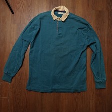 Vintage 90s LL Bean Long Sleeve Polo Rugby Shirt Teal Large Made in USA