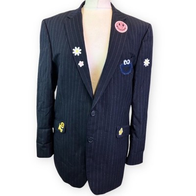 Un Dimanche à Paris, Women's XL Navy Blue Oversized Wool Blazer with Patches