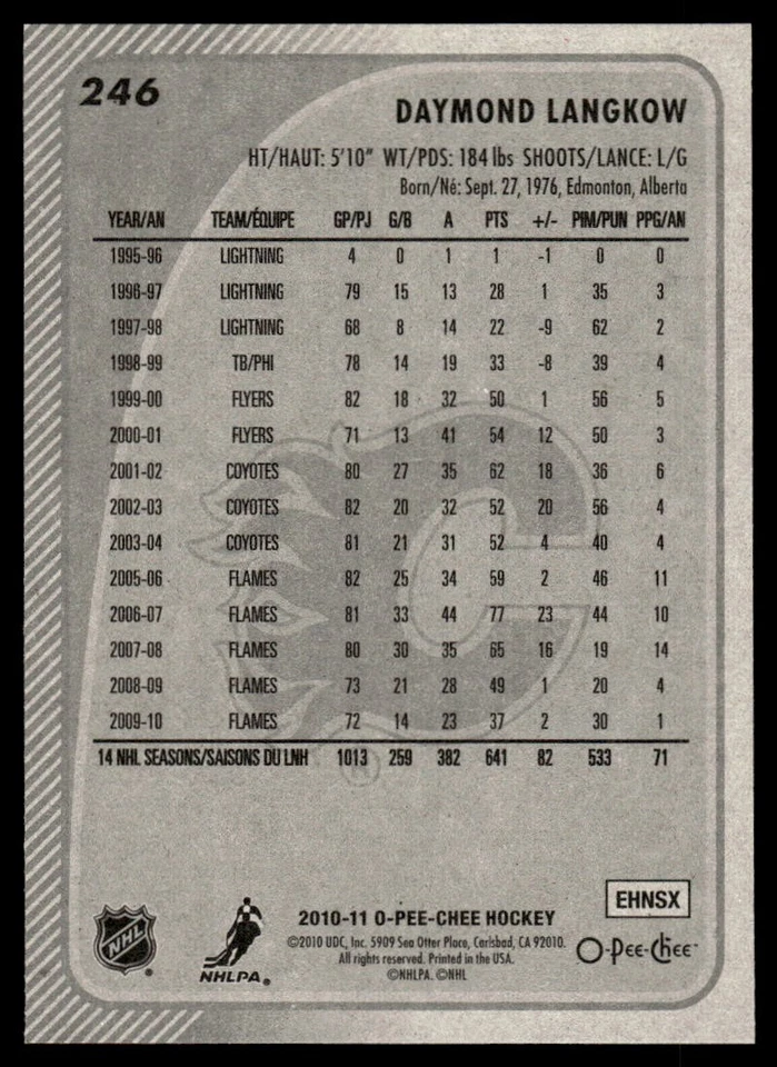 2010-11 O-Pee-Chee #246 Daymond Langkow Calgary Flames Hockey Card - Image 2 of 2