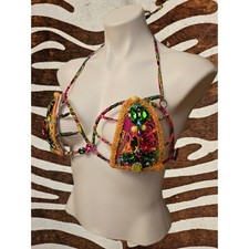 Samba Carnival Rave EDC Stones Belly Dance Wire Bra Green Red Silver Gold Large