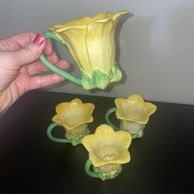 Set Of 4 Ceramic Yellow Tulip Flower Tea Cups Coffee Mug Vintage Cottagecore MCM