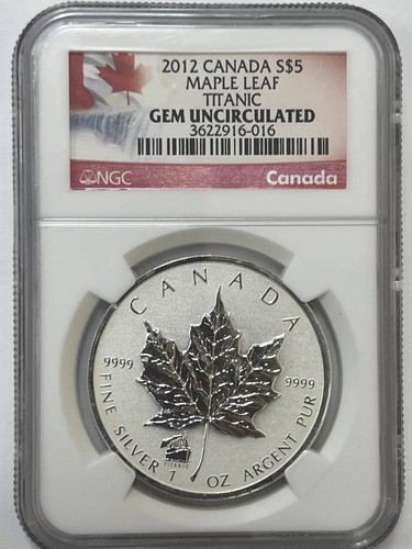 2012 CANADA Silver 5 DOLLARS NGC GEM Uncirculated Maple Leaf Titanic Privy