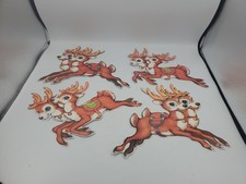 Vintage Christmas Cardboard 2 Sided Flying Reindeer Window Hangings 4