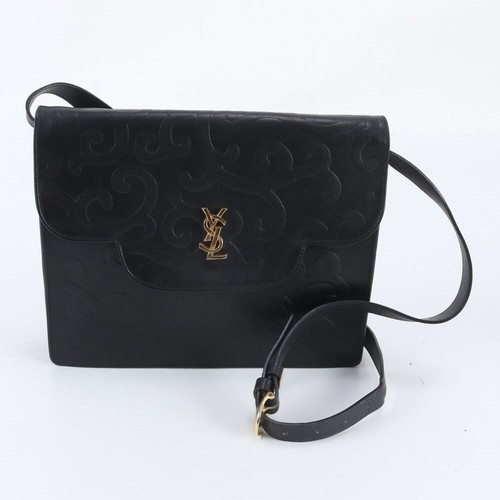 YSL Yves Saint Laurent Vintage Arabesque Leather Crossbody Bag Black Authentic
