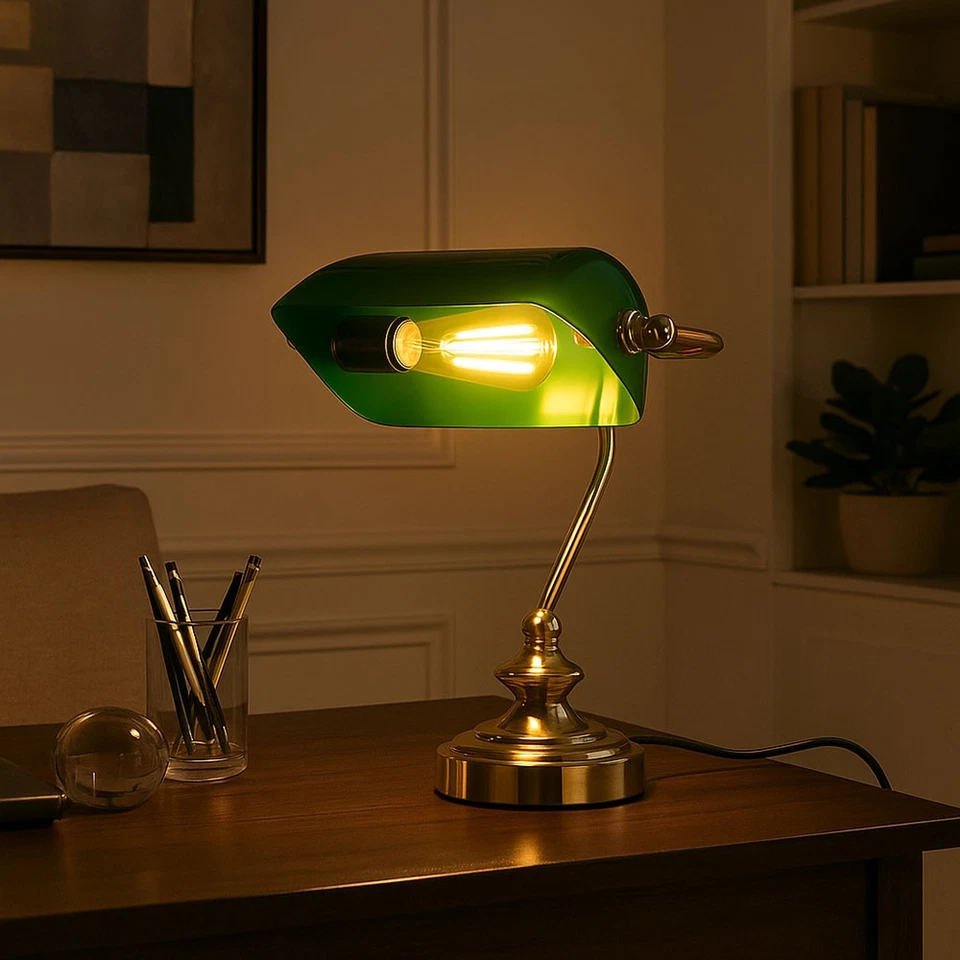 Bankerleuchte Tischlampe Schreibtischleuchte beweglich messing grün LED Vintage - Bild 4 von 4