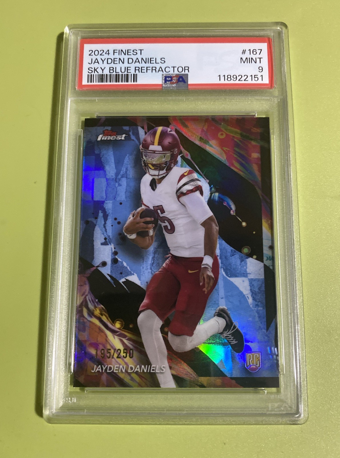 Jayden Daniels 2024 Finest Uncommon Sky Blue Refractor /250 PSA 9 Rookie RC #167