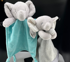 2 Carter's Gray Aqua Elephant Plush Security Blanket Lovey Infant Baby Rattle
