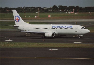 Postcard Airline Bremenfly.com B-737-46J D-ABRE at Dusseldorf CC8.