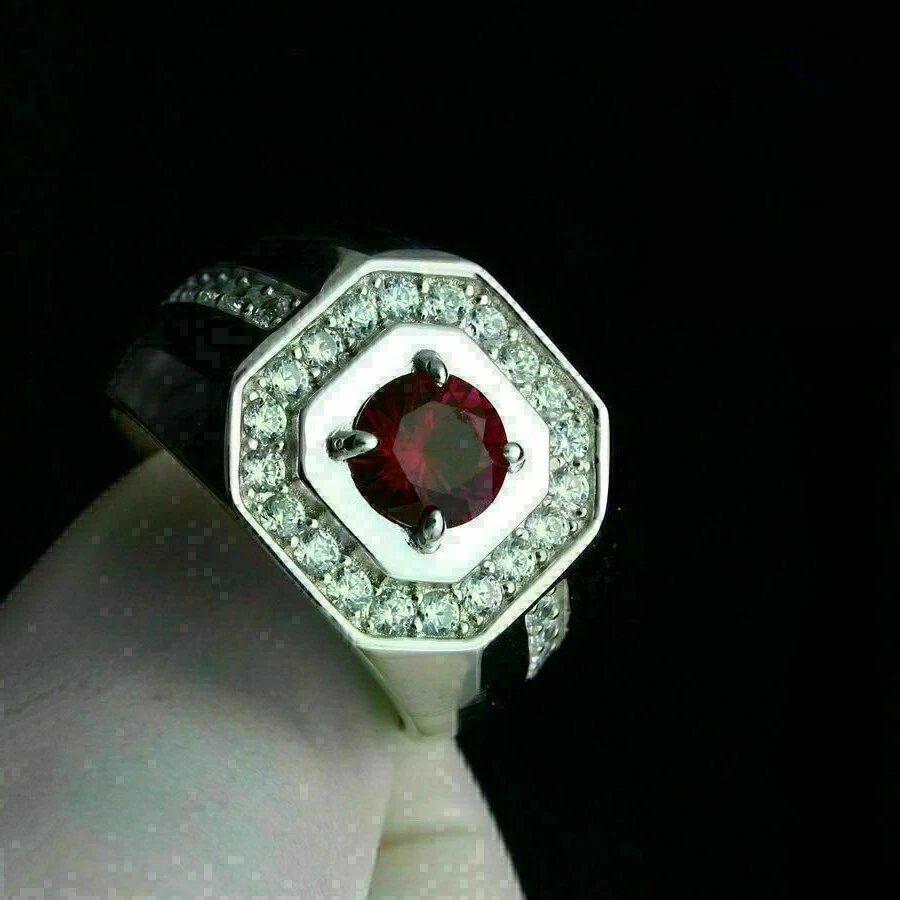 Anillo meñique para hombre granate simulado corte redondo de 1,20 quilates chapado en oro 925 Foto 3 de 4