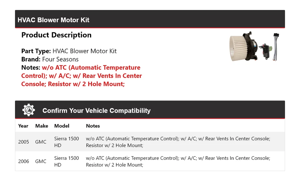 Kit de motor soplador HVAC para GMC Sierra 1500 HD 2005-2006 4 estaciones Foto 2 de 4
