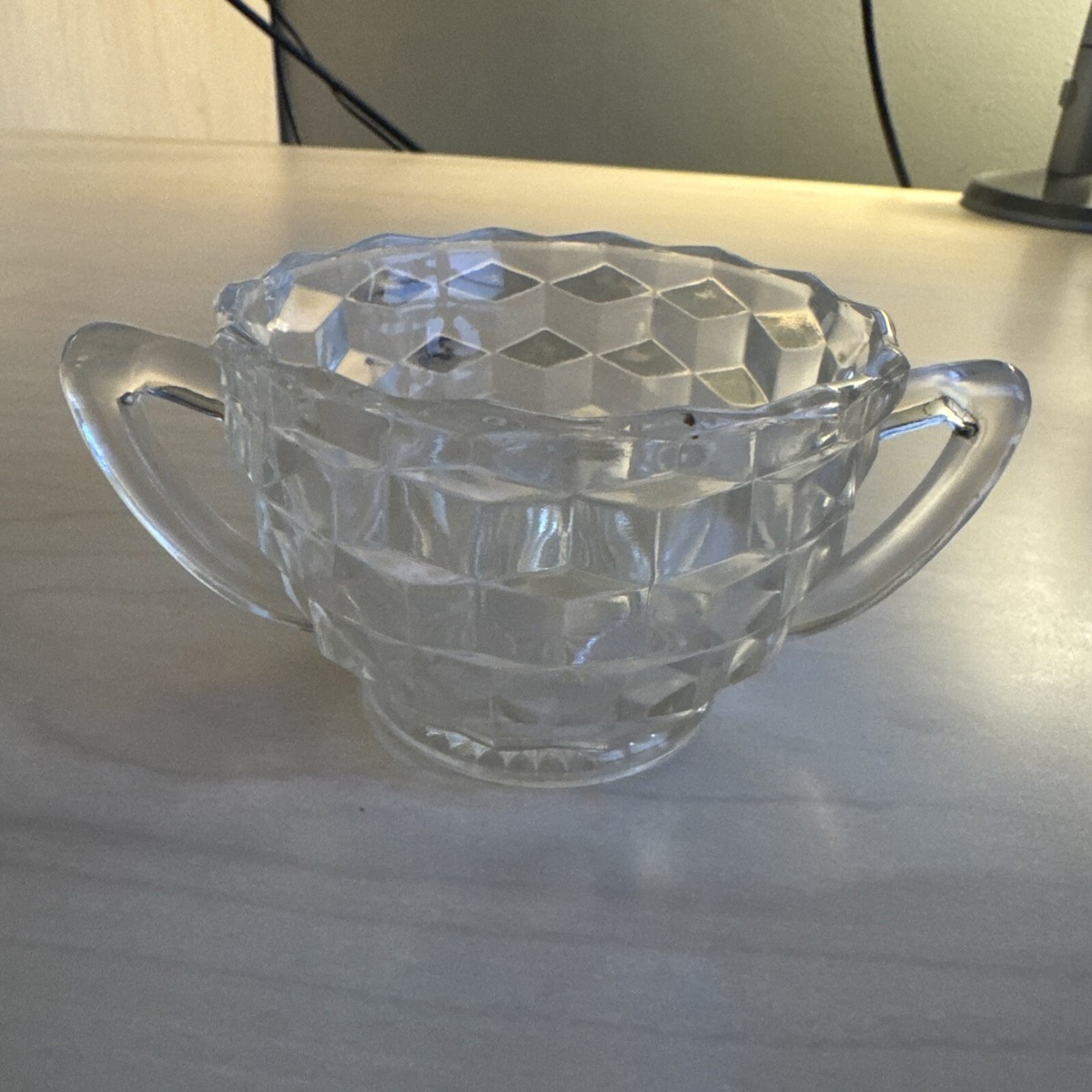 Vintage Jeannette Glass Open Sugar Cup, 3D Cubes, Starburst