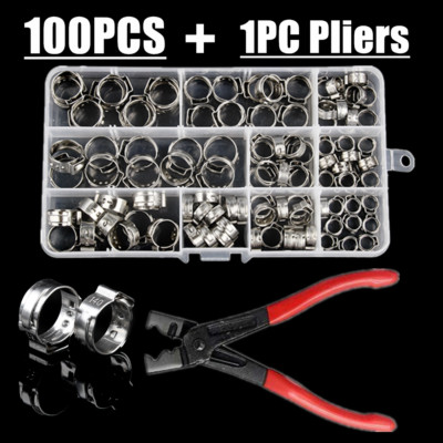 100x Single Ear Hose Clamps 304 Stainless Steel O Fuel Pipe Clip Hose Plier Set