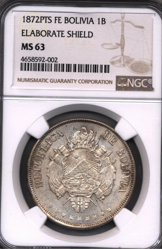 1872 PTS FE ELABORATE Shield Bolivia 1 Boliviano Silver Coin NGC 63 L B VARIETY