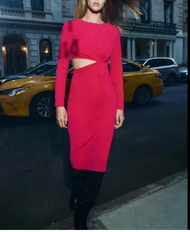 pink cut out dress zara ZARA Satin Effect Midi Strappy Coral Pink Cut OUT DRESS sz L
