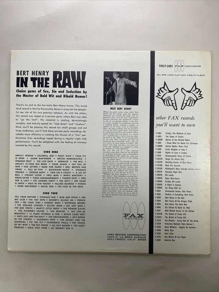 Bert Henry In The Raw FaxLP 3003 Choice Gems of Sex - Vintage Vinyl - Image 2 of 4