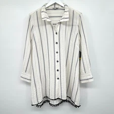 John Mark Tunic Top Shirt Medium Flowy Coastal Quiet Luxury Resort Pom Pom New