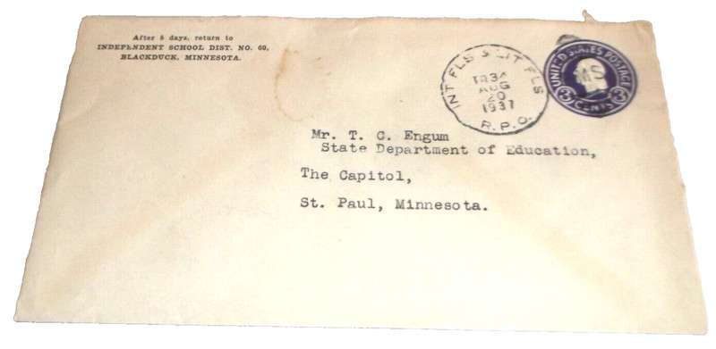 AUGUST 1937 NORTHERN PACIFIC INTERNATIONAL FALLS & LITTLE FALLS #34 RPO ENVELOPE