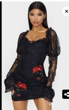 PRETTY LITTLE THING ROSE EMBROIDERED LACE BODYCON DRESS SIZE 8