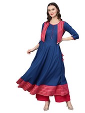 Indian Traditional Women's Rayon Jacket Style  Anarkali KurtaKurti Blue