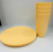 Set of 4 Pastel Yellow Plastic  Dinner Plate & Cups Tableware Home Decor Kitchen