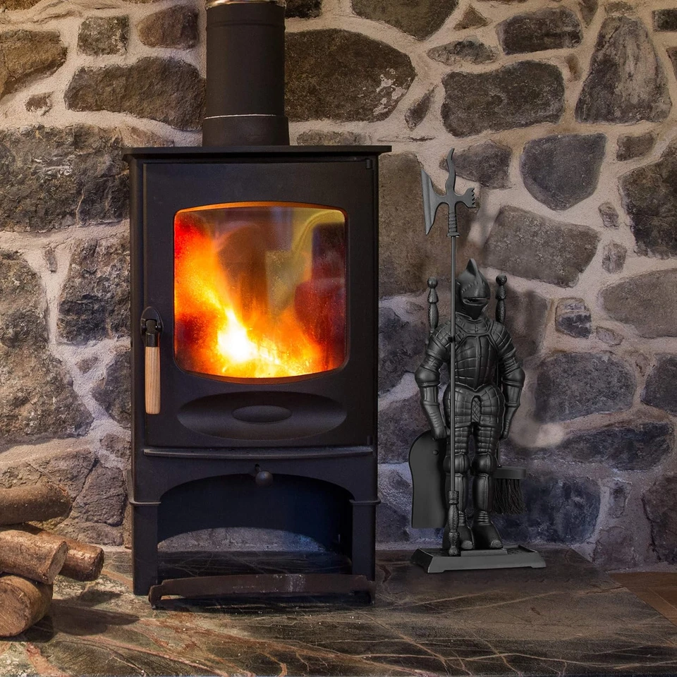 Relaxdays Accessori Da Camino Con Cavaliere, Set Da 4, in Ghisa, Paletta, Scopin - Immagine 2 di 4