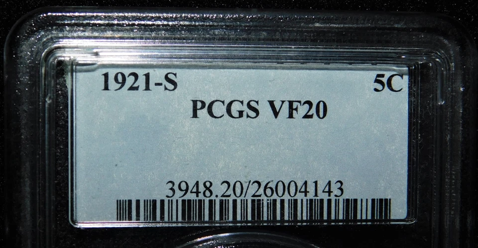 1921-S PCGS VF 20 Buffalo Nickel 5C Certification # 3948.20/26004143  - Image 2 of 4