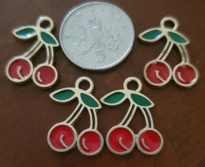 4 Reife Kirsche, Kirschen Goldfarben Sockel Anhänger Charms Schmuckherstellung