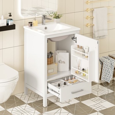 20in Bathroom Vanity Ceramic Sink Soft Close Drawer Door Adjustable Feet
