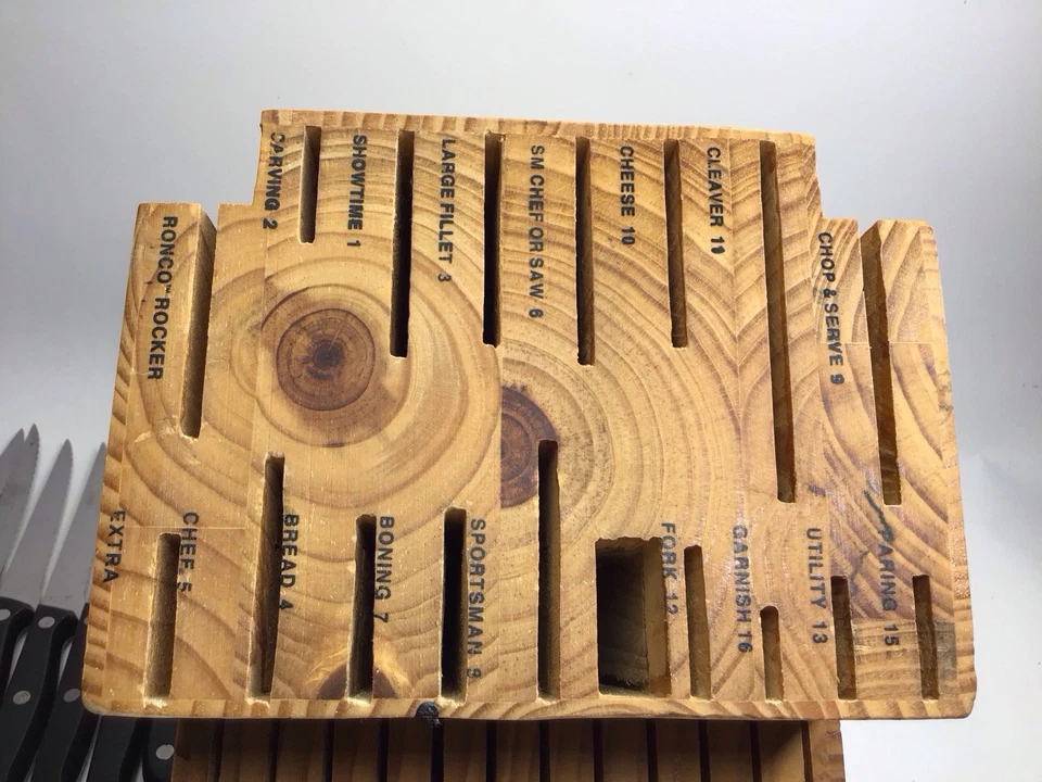 Ronco SIX STAR Cubiertos 30 Ranuras Bloques Set Madera Maciza Etiquetado con 21 Cuchillos Usado Foto 2 de 4