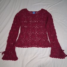 French Toast Magenta Crochet Bell Sleeve Pull Over Sweater Girls 16 Hippie