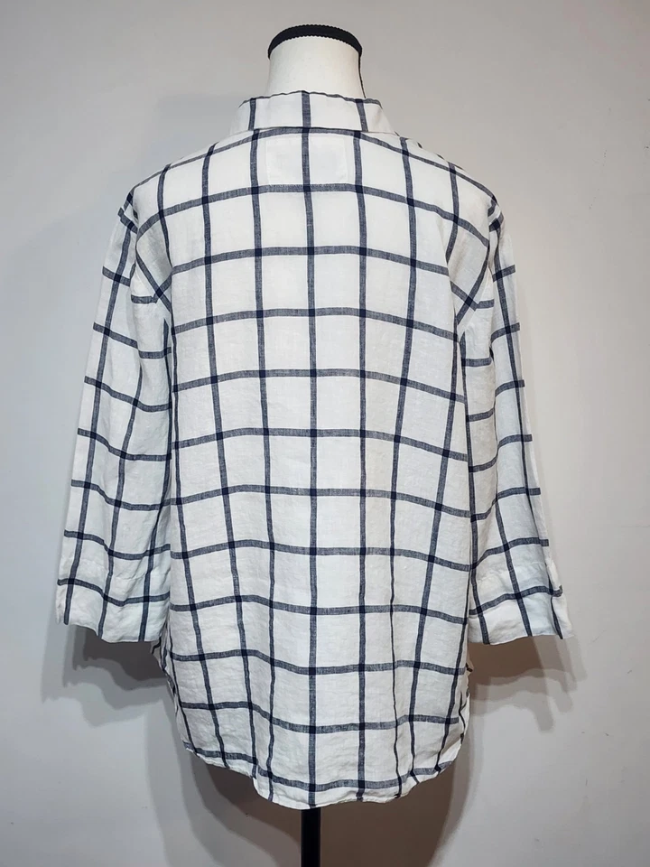Blusa Lafayette 148 100% Lino Talla L Botón Frontal Ventana Cuadros Cuello Foto 2 de 4