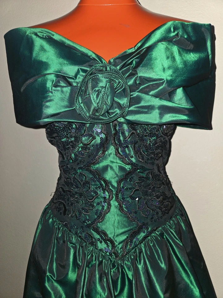 👗 Vestido Jessica McClintock Gunne Sax Victoriano Verde Esmeralda Hombro Descubierto Talla 7 Foto 3 de 4