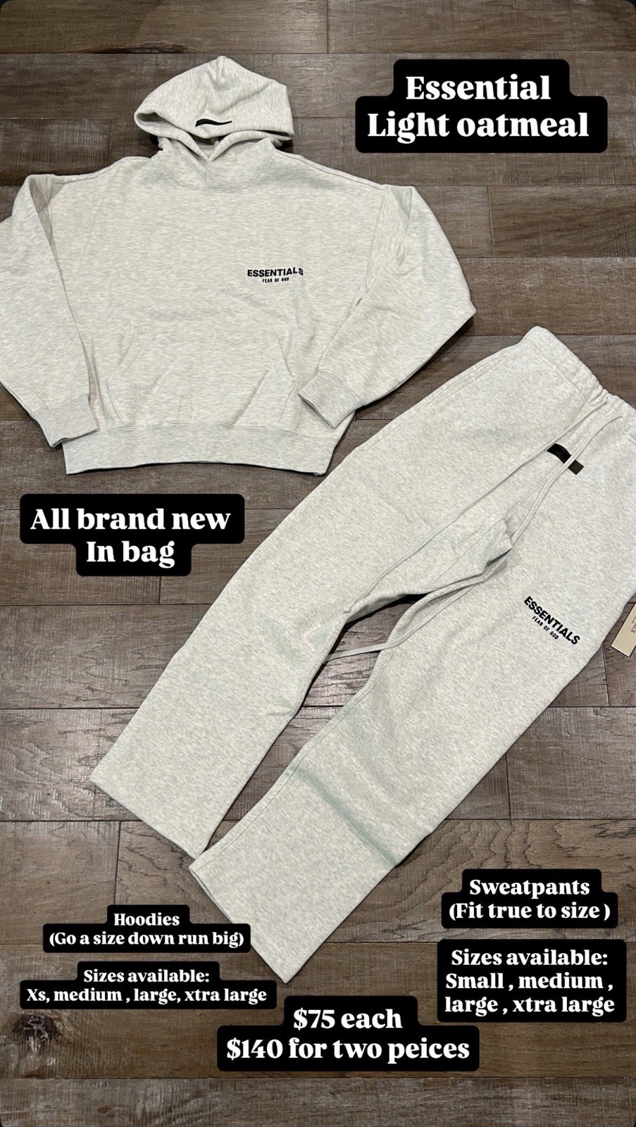 Essentials Men's Tracksuit Set Hoodie & Sweatpants Black/Oatmeal 